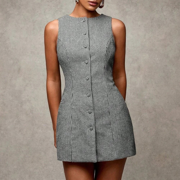 Black Casual Women's Plaid Round Neck Sleeveless Button Front Mini Dress - Picture 3 of 6